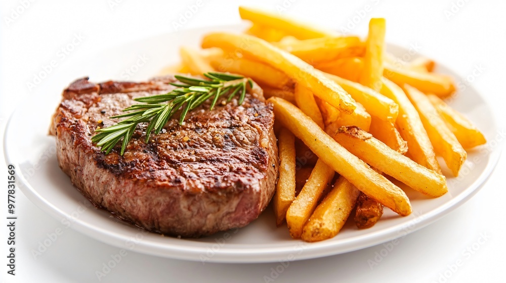 A plate of steak frites with a juicy steak and golden French fries, isolated on a matte white background for a classic bistro feel A plate of steak frites with a juicy steak and golden French fries, isolated on a matte white background for a classic bistro feel