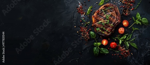 Fototapeta Naklejka Na Ścianę i Meble -  Grilled ribeye beef steak with herbs and spices on a dark table Top view Copyspace for your text