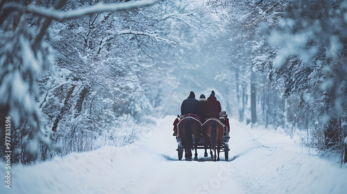 A horse-drawn sleigh carrying a couple through a snowy forest the couple cuddling under a blanket as they enjoy the quiet ride through the winter landscape.