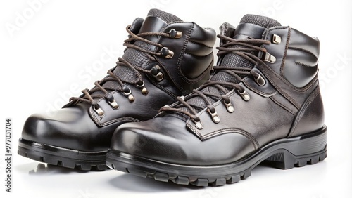 Durable black leather hiking boots for outdoor adventures in various terrains. Generative AI