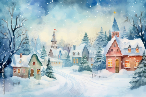 Snowy village with cozy houses