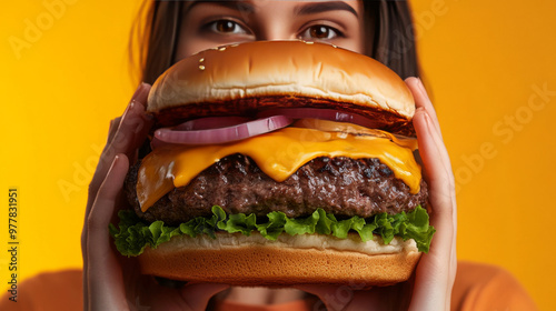 Woman holding a big cheeseburger with marble beef against an orange background.