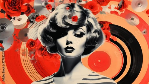 Retro-style collage of a woman with vinyl records and abstract art in the background