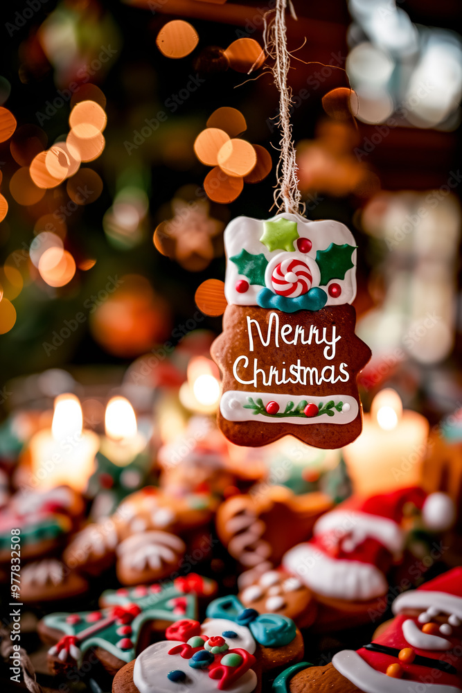 Naklejka premium Christmas gingerbread cookies on background of Christmas tree and bokeh. New Year and Christmas greeting card template with copy space.