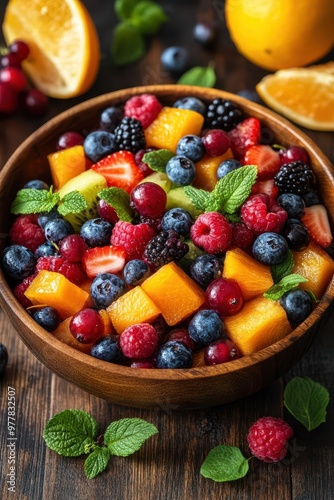 A vibrant bowl of mixed fruits including strawberries, blueberries, raspberries, blackberries, and mango cubes, garnished with fresh mint leaves