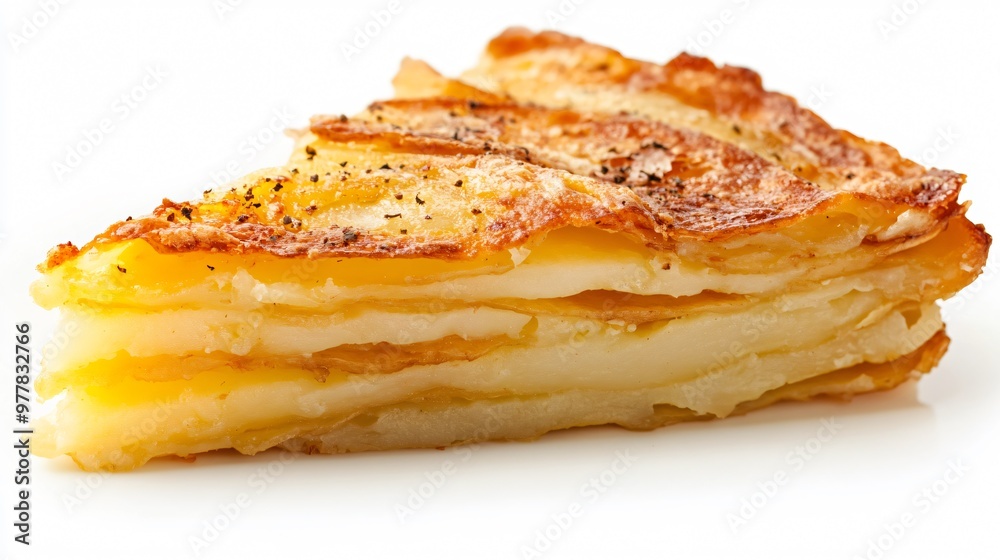 A serving of pommes Anna with thin layers of potatoes, isolated on a soft white background to emphasize the crispy, golden edges A serving of pommes Anna with thin layers of potatoes, isolated on a soft white background to emphasize the crispy, golden edges