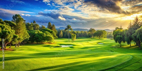 Scenic view of a lush green fairway on a golf course with stunning landscape