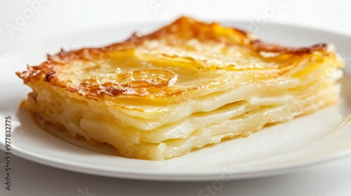 A serving of pommes Anna with thin layers of potatoes, isolated on a soft white background to emphasize the crispy, golden edges