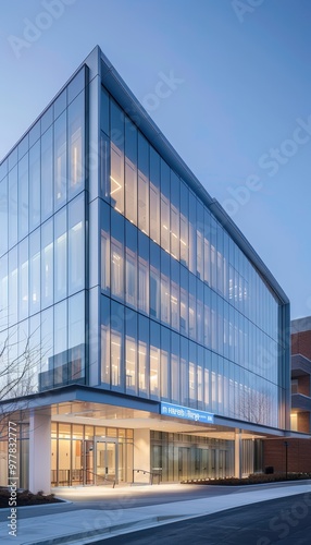 Modern Hospital Exterior with Mammography Department Sign at Dusk, Suitable for Medical Office Design Concepts