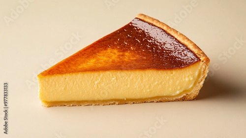 A slice of flan pâtissier, a classic French custard tart, isolated on a matte beige background for a simple, rustic presentation