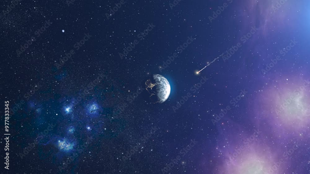 Burning Meteor flying toward planet earth, outer space view
3d rendering of planet earth with potential asteroid threat,4k,2024 
