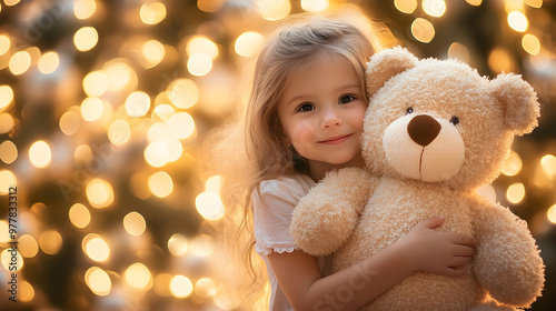 A little girl hugging a large teddy bear she received as a Christmas gift with a glowing tree in the background. photo