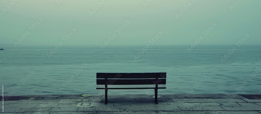 empty bench overlooking the sea evoking a sense of gloomy loneliness with vintage cinematic hues devoid of people and copyspace empty bench overlooking the sea evoking a sense of gloomy loneliness with vintage cinematic hues devoid of people and copyspace