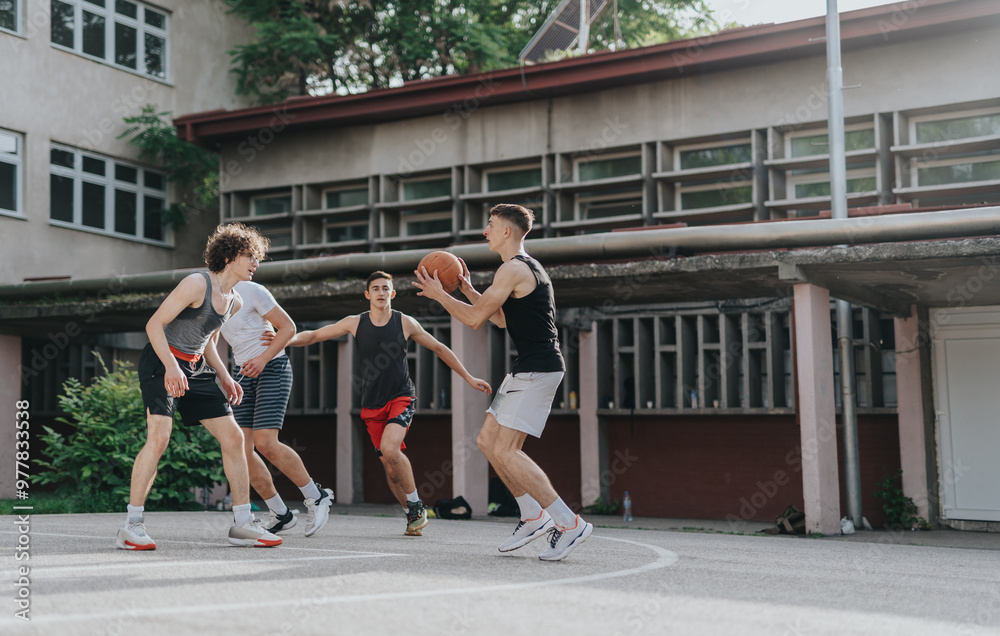 A group of young friends playing basketball at an old neighborhood court, highlighting energy and teamwork on a sunny day. A group of young friends playing basketball at an old neighborhood court, highlighting energy and teamwork on a sunny day.