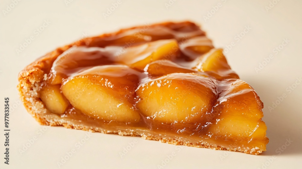 A slice of tarte tatin with caramelized apples, isolated on a light beige background for a rustic, yet elegant dessert look