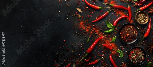 Fototapeta Naklejka Na Ścianę i Meble -  Circle frame composition featuring chili peppers and spices on a black background A border of Indian spices and herbs Ingredients for Asian cuisine spices Vertical image Top view with space for text