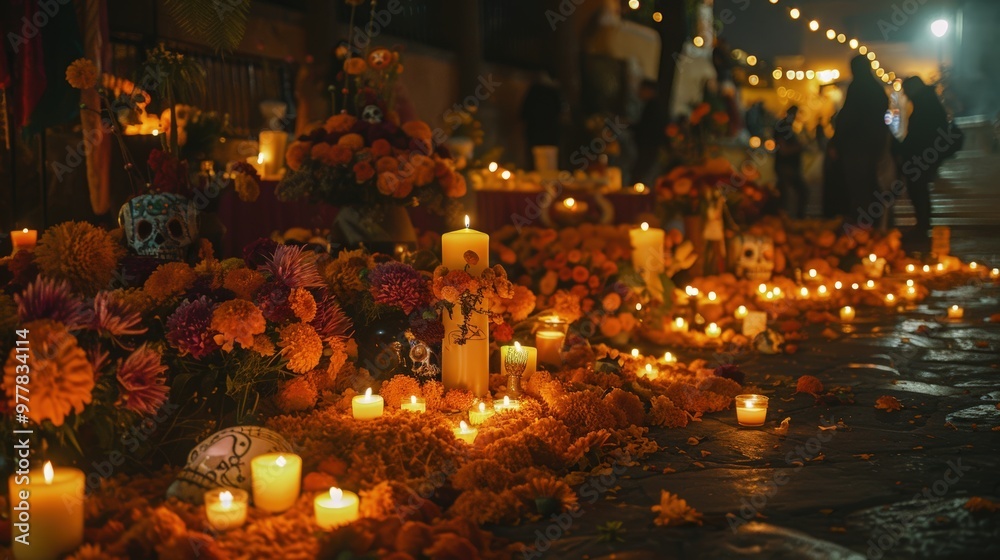Nighttime Día de los Muertos Celebration with Candles, Marigolds, and Sugar Skulls in a Busy Town Square Nighttime Día de los Muertos Celebration with Candles, Marigolds, and Sugar Skulls in a Busy Town Square
