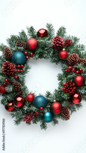 Christmas wreath with Christmas tree toys, cones