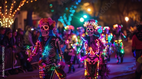 Day of the Dead Night Parade with Glowing Skeleton Costumes and Festive Decorations