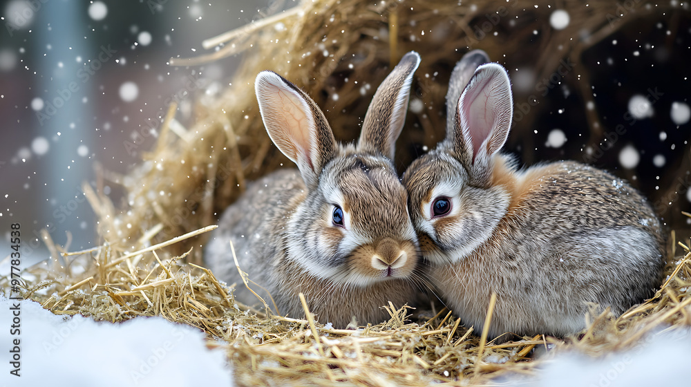 A pair of rabbits nestled together in a cozy hay-filled enclosure protected from the cold with snow softly falling outside. A pair of rabbits nestled together in a cozy hay-filled enclosure protected from the cold with snow softly falling outside.