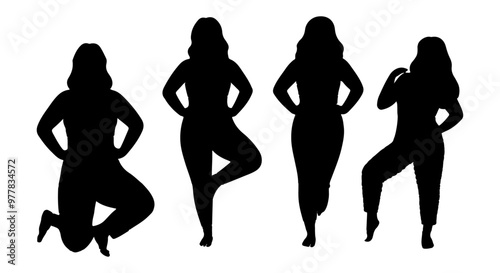 Set of Silhouettes of Plus-Size Women in Different Yoga Poses
