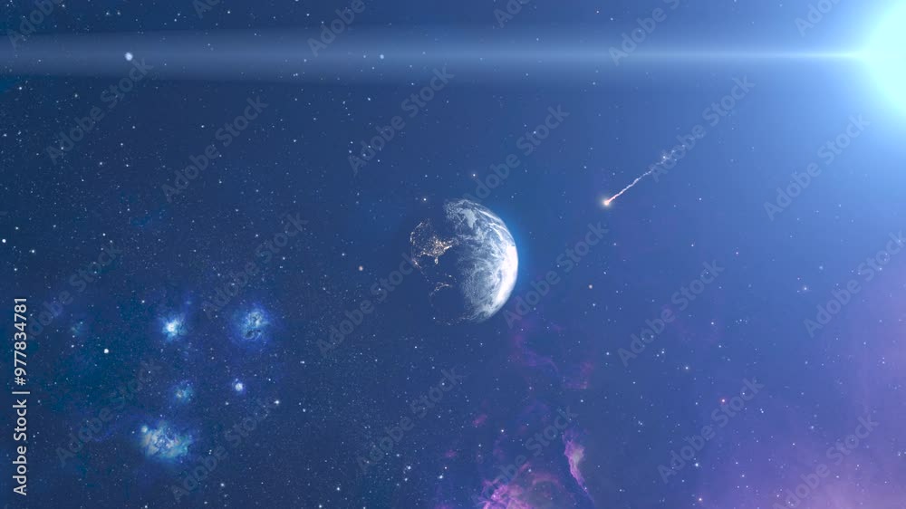 Burning Meteor flying toward planet earth, outer space zoom out 
3d rendering of planet earth with potential asteroid threat,4k,2024 
