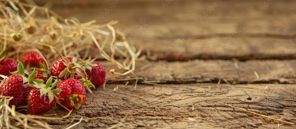 Wild strawberries on straw Summer theme Rustic wooden table with copyspace for product display or text in the background Wild strawberries on straw Summer theme Rustic wooden table with copyspace for product display or text in the background