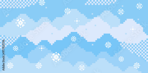 Light blue winter background with falling snow, mountains, sky in pixel art. Christmas, Xmas, New Year trendy pixel design. Abstract beautiful winter landscape, snowflakes. Vector horizontal backdrop