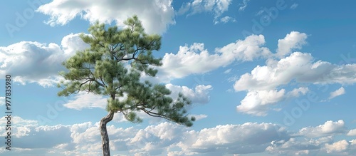 Casuarina she oak pine tree set against a blue sky adorned with fluffy white clouds. Copy space image. Place for adding text and design photo