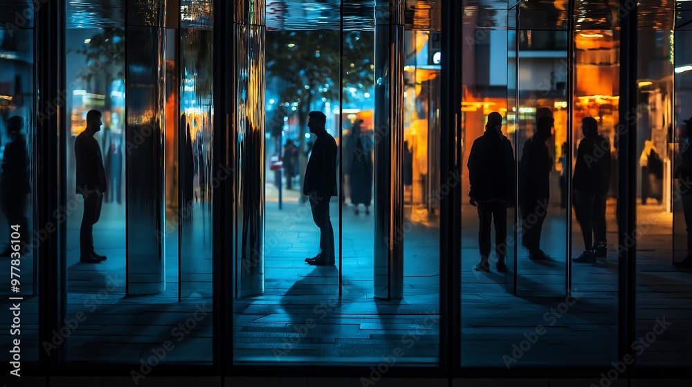 A series of mirrors reflecting the shadowy figures on an urban street at night, creating multiple reflections and depth in each frame, capturing their silhouettes against the city lights A series of mirrors reflecting the shadowy figures on an urban street at night, creating multiple reflections and depth in each frame, capturing their silhouettes against the city lights