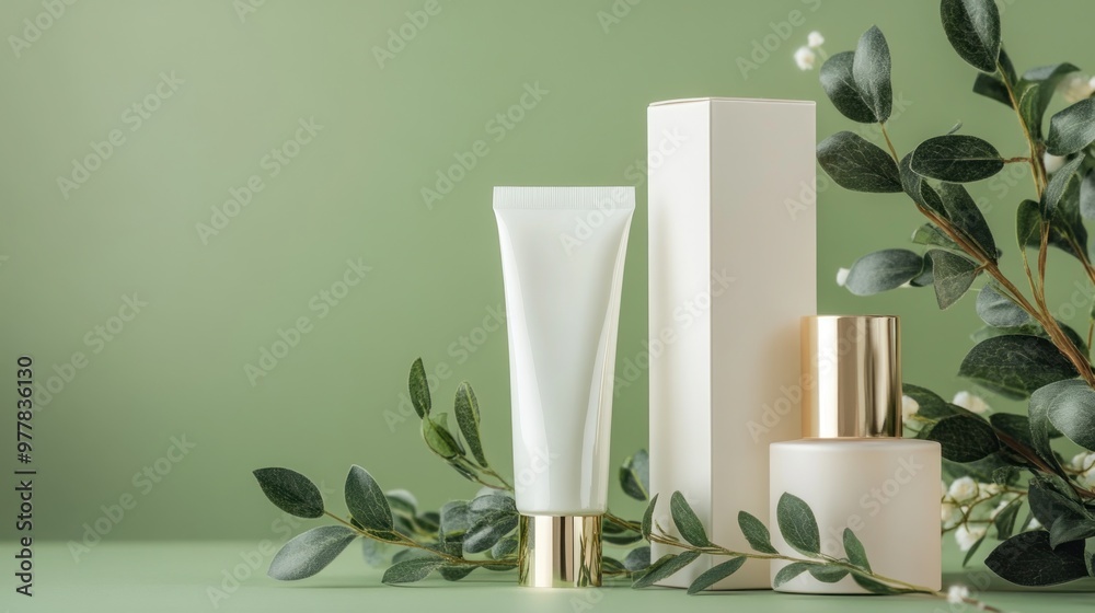 Cosmetics Products Mockup with Green Leaf Cosmetics Products Mockup with Green Leaf
