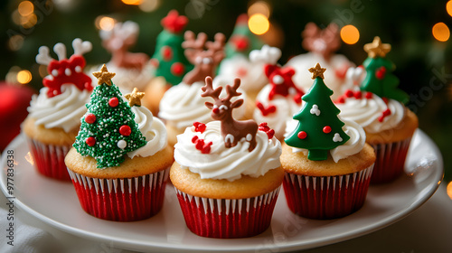 A plate of Christmas-themed cupcakes decorated with frosting shaped like snowflakes reindeer and Christmas trees ready to be served at a holiday party. photo