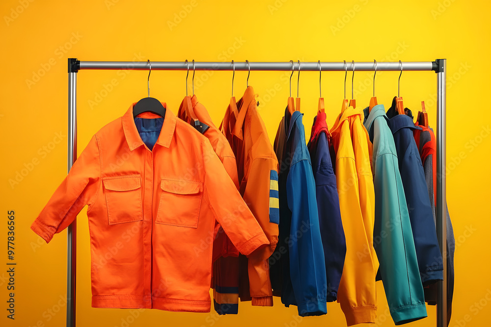 Fototapeta premium Workers' uniforms on clothing rack against yellow background. Space for text