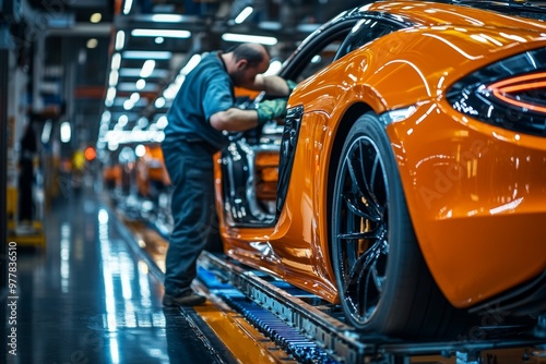 Wallpaper Mural Worker engaged in detailing an orange car in a factory with soft shadows and sharp focus Torontodigital.ca