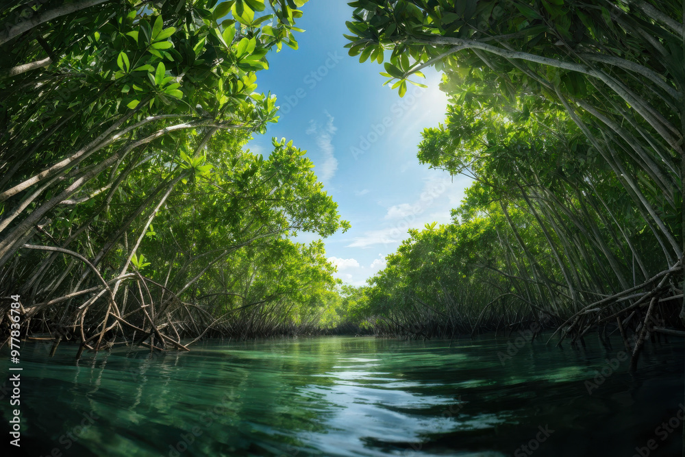 Bottom-up view of a lush green mangrove forest canopy. A detailed bottom-up perspective of a vibrant green mangrove forest canopy, highlighting the dense foliage. generative AI
