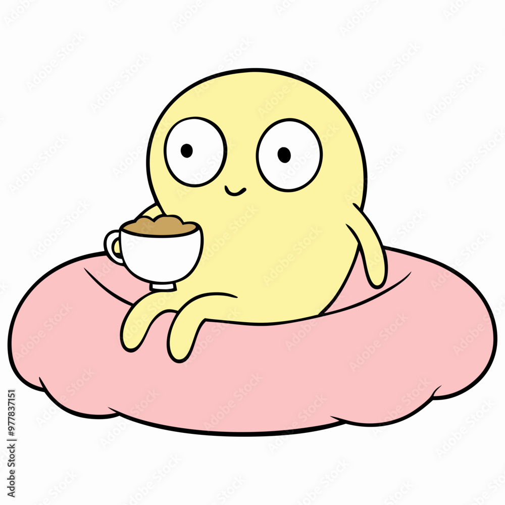 Fototapeta premium cute cartoon character lying on a fluffy pink pillow, holding a small cup of tea