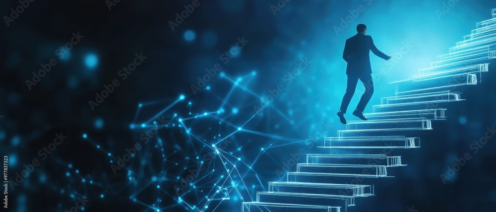 Businessman drawing a staircase with his hand on a dark blue background, a concept of business growth and success in sales or human resources Generative AI Businessman drawing a staircase with his hand on a dark blue background, a concept of business growth and success in sales or human resources Generative AI