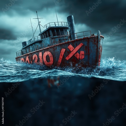 A rusty, abandoned ship with bold red numbers and symbols on its hull is depicted in turbulent waters under dark, stormy skies, ideal for themes of mystery, adventure, or disaster recovery, photo