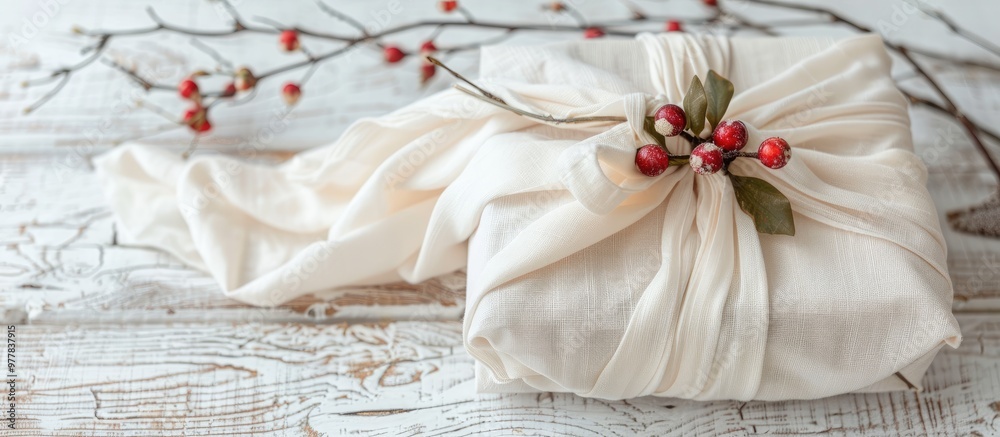 Eco friendly and zero waste idea Christmas gift wrapping in reusable fabric set against a light wooden backdrop furoshiki copy space Eco friendly and zero waste idea Christmas gift wrapping in reusable fabric set against a light wooden backdrop furoshiki copy space