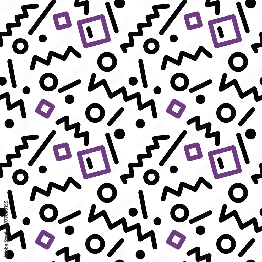 Seamless abstract geometric pattern. Purple, black, white. Illustration. Squares, circles, rings, dots, lines texture. Design for textile fabrics, wrapping paper, background, wallpaper, cover. Seamless abstract geometric pattern. Purple, black, white. Illustration. Squares, circles, rings, dots, lines texture. Design for textile fabrics, wrapping paper, background, wallpaper, cover.