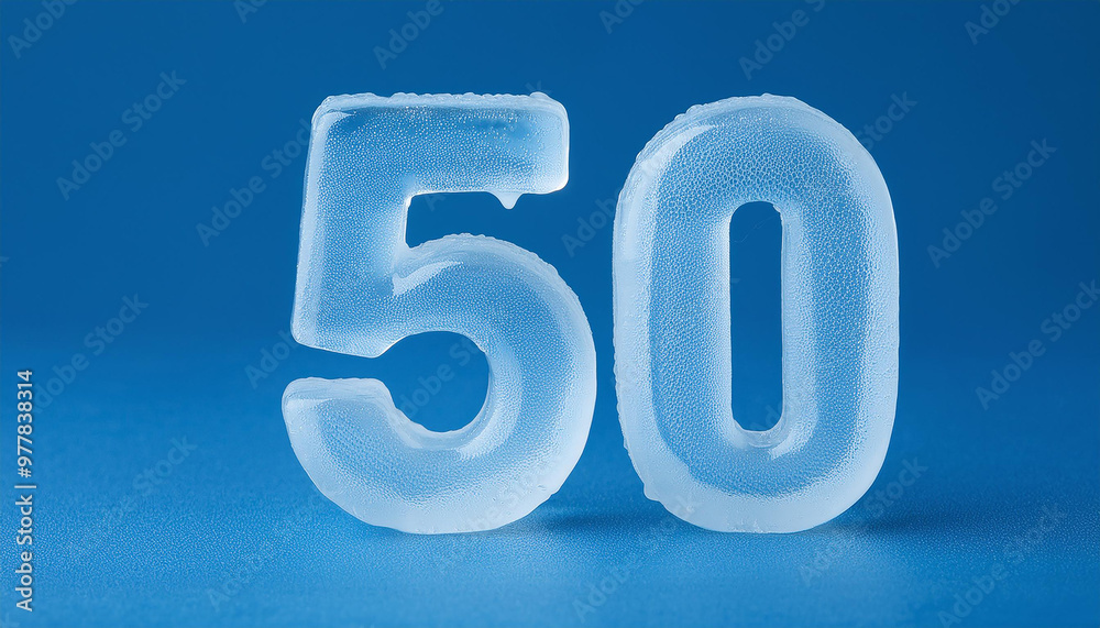 Banner with ice number 50 on blue backdrop. Frozen water. 3D rendering. Banner with ice number 50 on blue backdrop. Frozen water. 3D rendering.