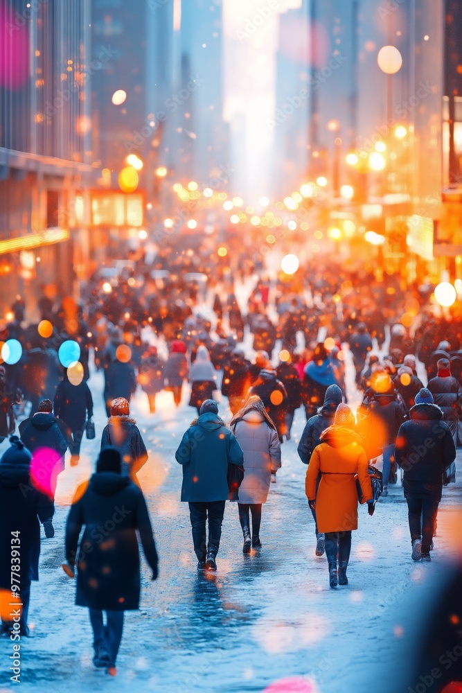 Obraz premium People walking on snowy city street. Winter urban scene with falling snow.