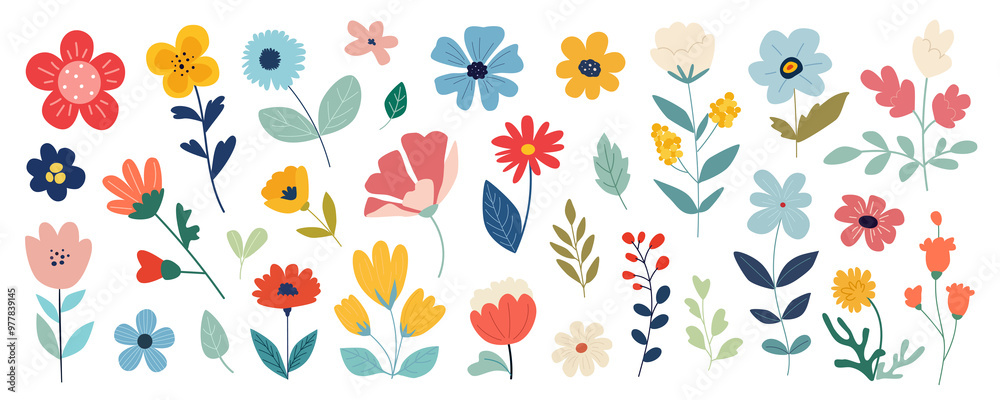 Flowers mega set in flat graphic design. Collection elements of abstract meadow wildflowers, daisy, chamomile, rose, green bushes, twigs, wild colourful plants, herbs and leaves. Illustration. Flowers mega set in flat graphic design. Collection elements of abstract meadow wildflowers, daisy, chamomile, rose, green bushes, twigs, wild colourful plants, herbs and leaves. Illustration.