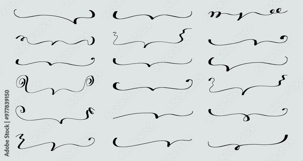 Collection of black doodle sketchy brackets or underline parenthesis. Hand drawn crayon horizontal wavy, notes, strokes. Vector drawn with pen with rough edges, loops. Template doodle graphic elements
