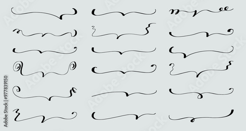Collection of black doodle sketchy brackets or underline parenthesis. Hand drawn crayon horizontal wavy, notes, strokes. Vector drawn with pen with rough edges, loops. Template doodle graphic elements