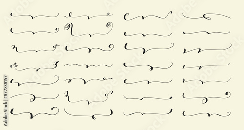 Big set of black doodle sketchy brackets or underline parenthesis. Hand drawn crayon horizontal wavy, notes, strokes. Vector drawn with pen with rough edges, loops. Template doodle graphic elements.