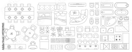 Linear interior in top view mega set in flat graphic design. Collection elements of outline apartment plan with kitchen, dining, bedroom, living room, bathroom and other objects. Illustration.