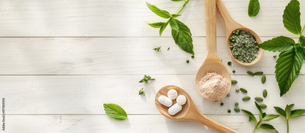herbal leaves ground herb powder and medication pills on bamboo spoons white wooden table. Copy space image. Place for adding text and design herbal leaves ground herb powder and medication pills on bamboo spoons white wooden table. Copy space image. Place for adding text and design