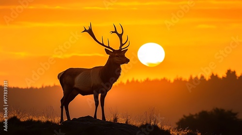 A proud stag on a hilltop, bathed in golden light.