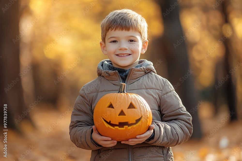 Child boy holds halloween pumpkin jack o lantern in autumn park